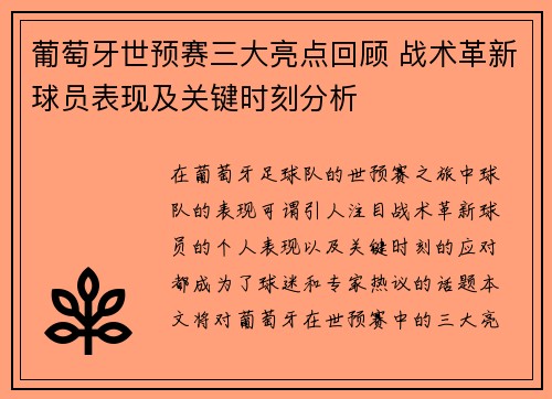 葡萄牙世预赛三大亮点回顾 战术革新球员表现及关键时刻分析