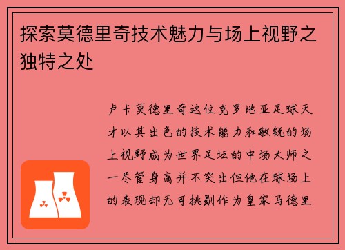 探索莫德里奇技术魅力与场上视野之独特之处