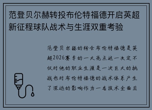 范登贝尔赫转投布伦特福德开启英超新征程球队战术与生涯双重考验