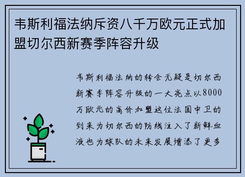 韦斯利福法纳斥资八千万欧元正式加盟切尔西新赛季阵容升级